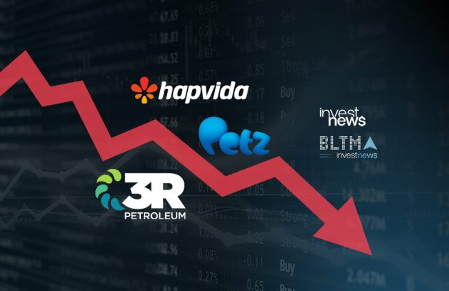 Gráfico de ações com seta vermelha descendente, simbolizando queda de valor de Hapvida, Petz e 3R Petróleo.