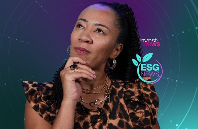 Mulher negra pensativa, mão no queixo, olhando para cima. Logos ESG News e Invest News visíveis ao fundo.