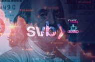 Crise bancária: Cédula de US$100 com gráfico financeiro em queda e logo "svb)". Logos "invest news", "CAFÉINA".