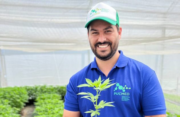 Homem sorridente segura muda de cânhamo em estufa.