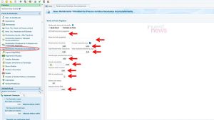 Tela de programa de declaração de IR. Menu "Rendimentos Recebidos Acumuladamente" selecionado, com formulário e campos destacados.