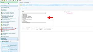 Interface de software. Seta vermelha aponta para lista de seleção de opções financeiras como Banco/Caixa e Contas.