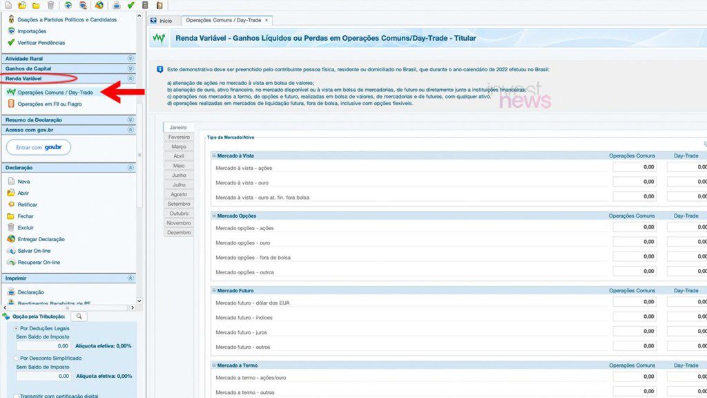 Software de IR. Menu 'Renda Variável', seta em 'Operações Comuns/Day-Trade'. Formulário de ganhos/perdas à direita.