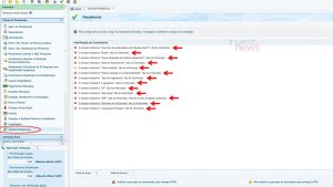 Software de declaração fiscal com 12 erros e 1 aviso. Mostra pendências de dados do contribuinte, impedindo envio à RFB.
