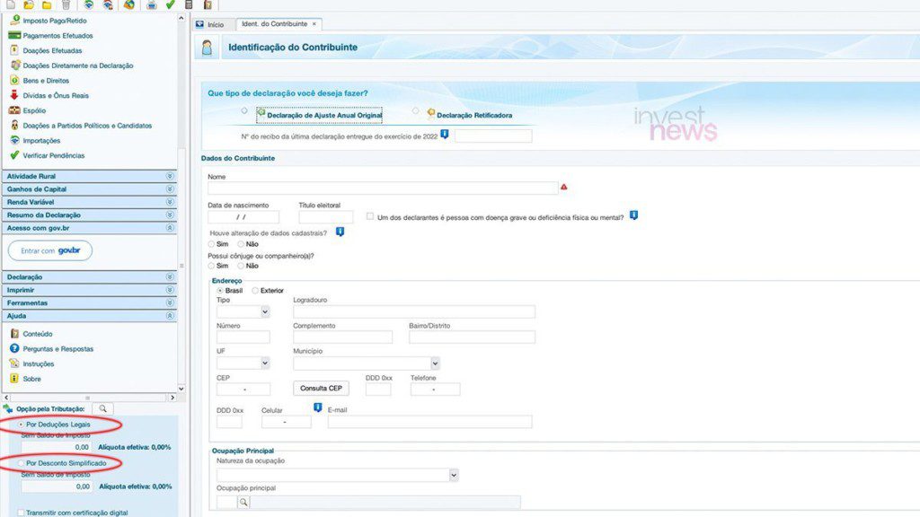 Interface de software para declaração de imposto de renda, exibindo dados do contribuinte e opções de tributação.