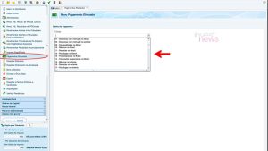 Tela de software: menu de opções de relatórios e pagamentos aberto, com seta vermelha apontando para a lista.