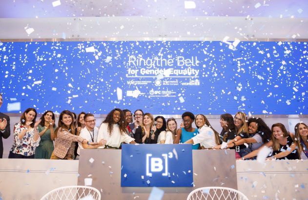 Evento “Ring the Bell for Gender Equality” na B3, em 8/3/2023. (Foto: Cauê Diniz/Divulgação/B3)