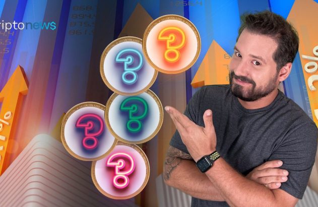 Homem aponta moedas com ?, texto 'criptonews'. Fundo azul com setas de alta e porcentagens: 85.7% e 91.2%.