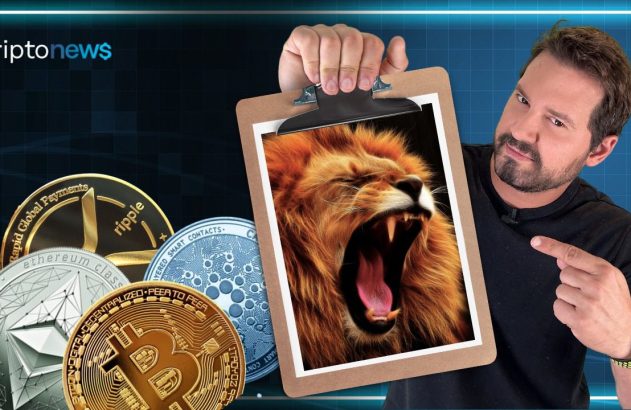 Homem aponta para prancheta com leão rugindo, moedas de cripto à esquerda. Logo "criptonews" no topo.