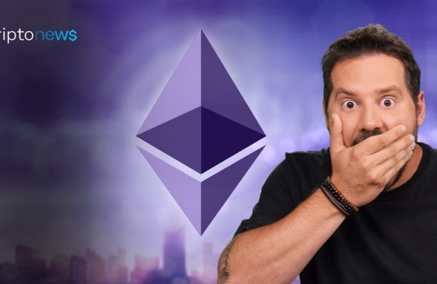 Homem surpreso cobrindo a boca, com o logo Ethereum roxo ao centro e fundo degradê. Logo "criptonews".