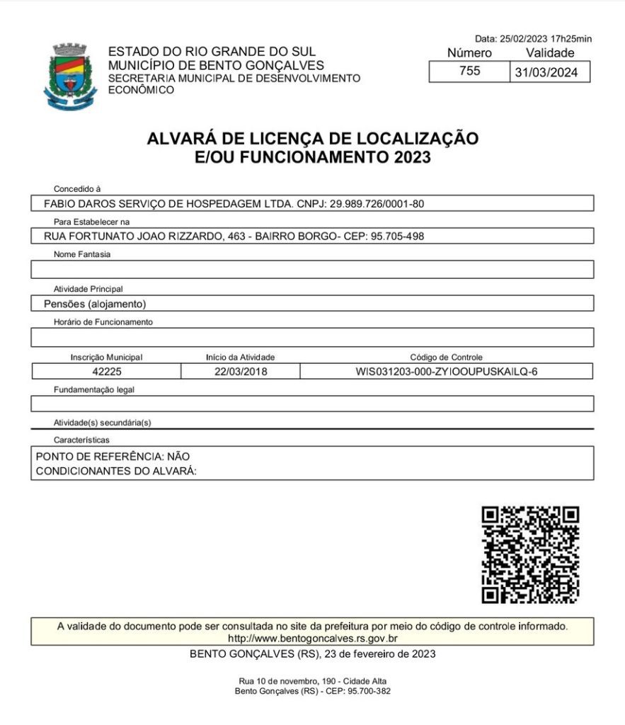 Alvará de Licença e Funcionamento 2023 de Bento Gonçalves, concedido a FABIO DAROS SERVIÇO DE HOSPEDAGEM LTDA.