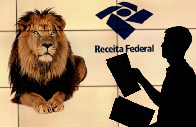 Leão, logo da Receita Federal. Silhueta de pessoa analisando documentos.