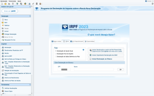 Tela inicial do IRPF 2023, com opções para iniciar declaração (ajuste, espólio, saída), importar ou criar em branco.
