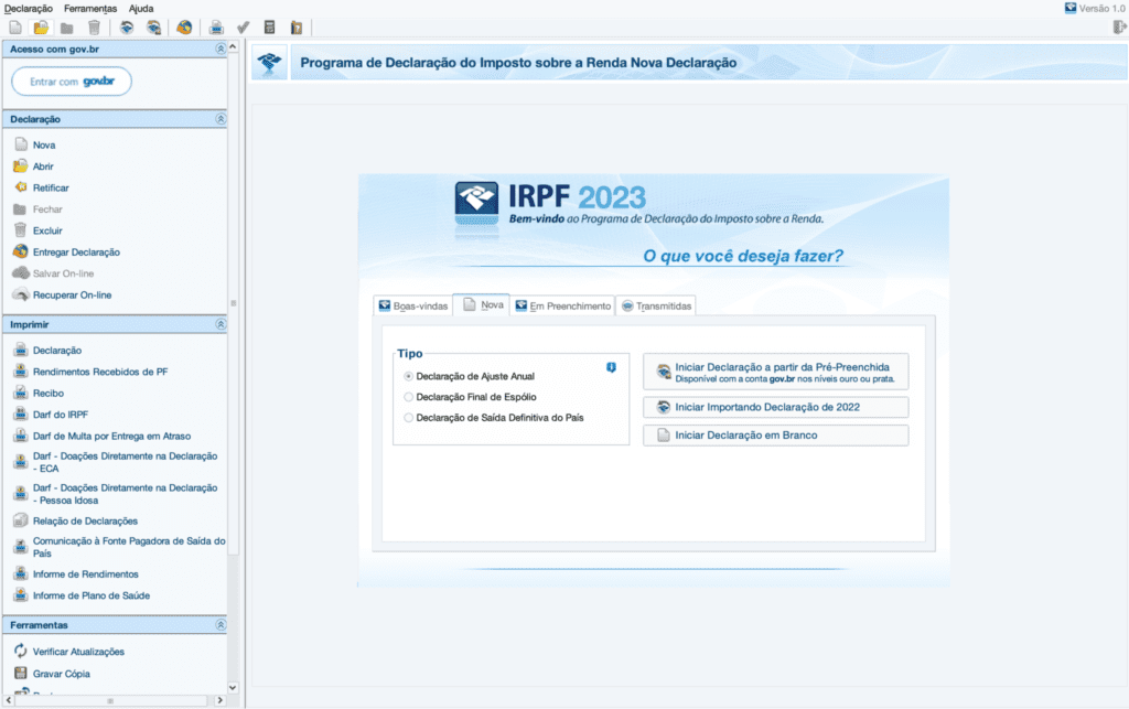 Interface do programa IRPF 2023 da Receita Federal, mostrando opções para iniciar, importar ou criar nova declaração.