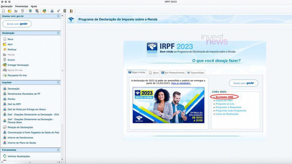 Tela inicial do programa IRPF 2023 com banner e "Perguntas frequentes" destacadas em vermelho.