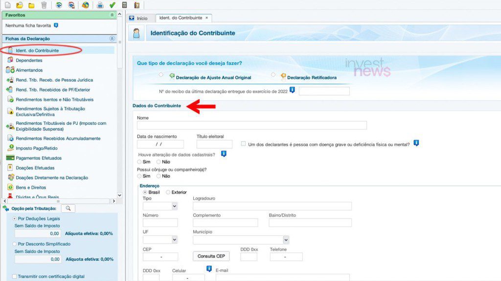 Captura de tela de software de declaração de imposto de renda, mostrando a tela de identificação do contribuinte.