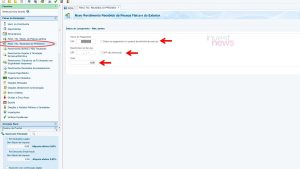 Software de IR: formulário para adicionar rendimento de PF/Exterior. Campos de CPF/valor e checkboxes são destacados por setas.