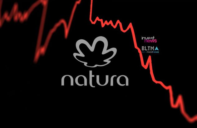 Logo Natura (folha e nome) em fundo preto. Gráfico de linha vermelha mostra forte queda. Logos Investnews e BLTMA.