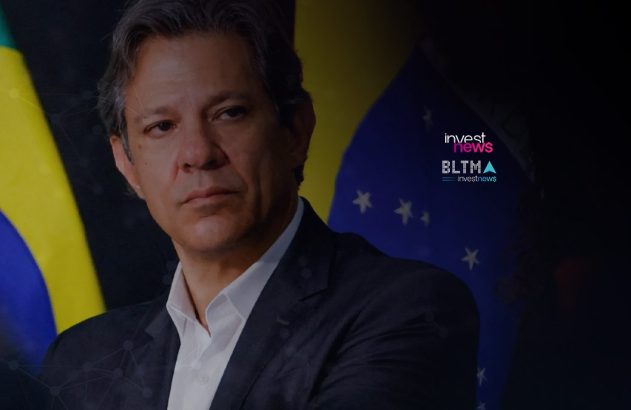 Homem sério em terno, com bandeiras do Brasil e amarela/azul ao fundo. Logotipos 'invest news' e 'BLTMA'.