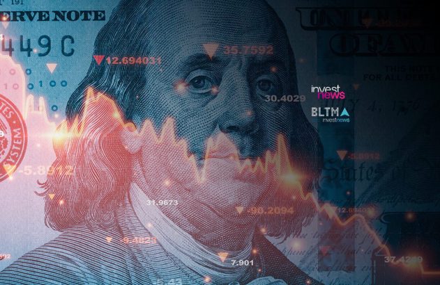 Benjamin Franklin (dólar) com gráficos financeiros digitais vermelhos sobrepostos, indicando análise de mercado.