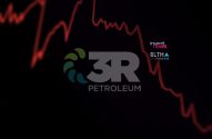 Logo 3R PETROLEUM. Fundo escuro, gráfico vermelho em queda acentuada de petróleo.