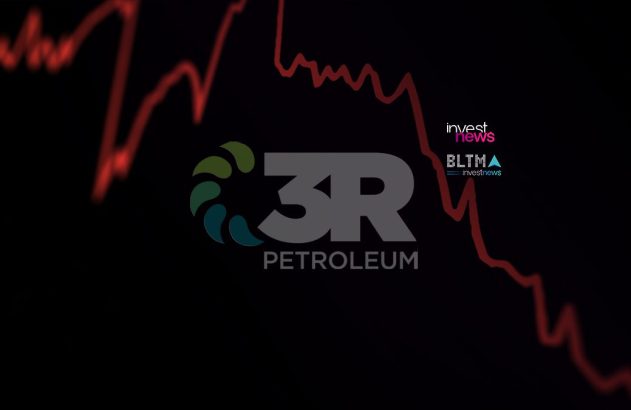 Logo 3R PETROLEUM. Fundo escuro, gráfico vermelho em queda acentuada de petróleo.