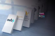 Dominós brancos com logos de bancos, como SVB, caindo em sequência, representando um efeito dominó.
