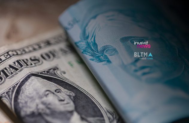Cédulas de dólar americano e real brasileiro lado a lado, com marcas d'água "invest news" e "BLTMA".