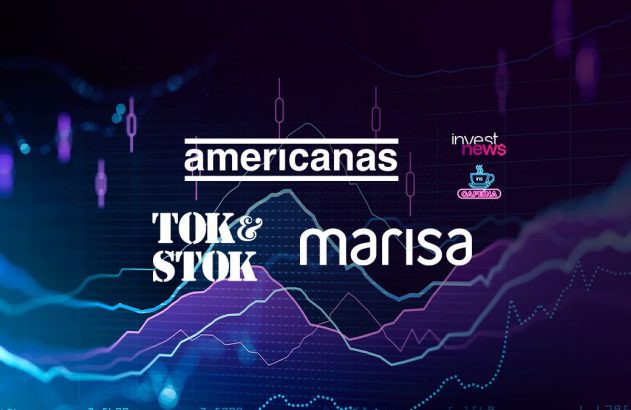 Gráfico de ações roxo e azul com os logos da Americanas, Tok&Stok, Marisa e Invest News Cafeína.
