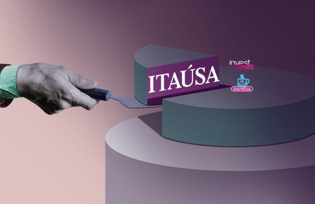 Mão sai de portal e serve fatia "ITAÚSA" de um gráfico de pizza. Logos Investnews e Cafeína ao fundo.