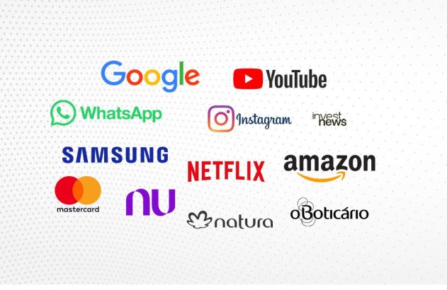 Uma imagem com diversos logotipos de marcas famosas como Google, YouTube, Netflix, Amazon, Samsung e Natura.