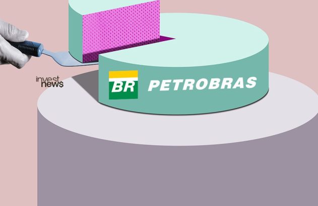 Mão com espátula remove fatia rosa de um bolo verde com o nome PETROBRAS e logo BR.