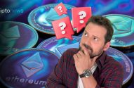 Homem pensativo com barba, moedas Ethereum e balões de interrogação vermelhos.
