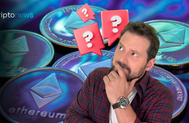 Homem pensativo com barba, moedas Ethereum e balões de interrogação vermelhos.