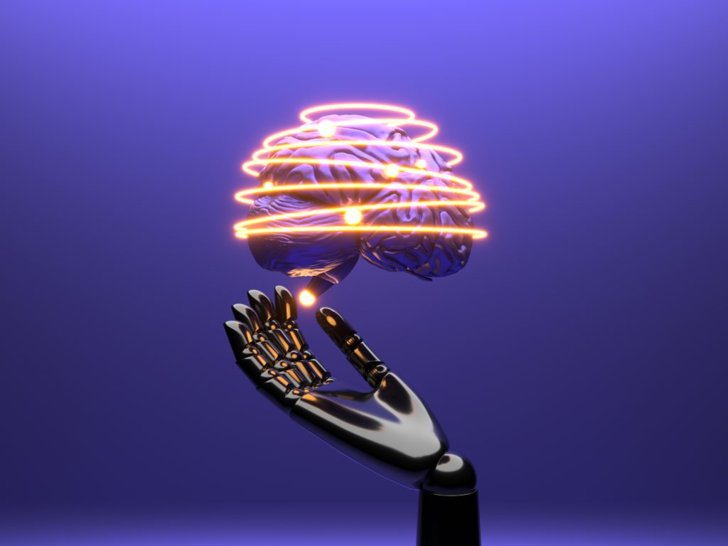 Braço robótico sustentando cérebro luminoso com espiral de energia contra fundo roxo.