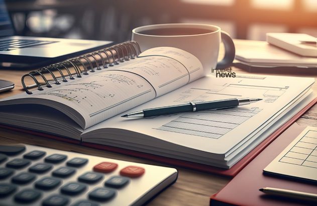 Mesa com caderno aberto, caneta, calculadora, xícara de café e laptop, com anotações e cálculos visíveis.