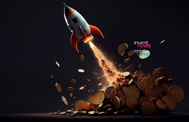 Foguete decolando, com jatos de moedas douradas como propulsão, subindo de uma pilha de moedas no chão escuro.