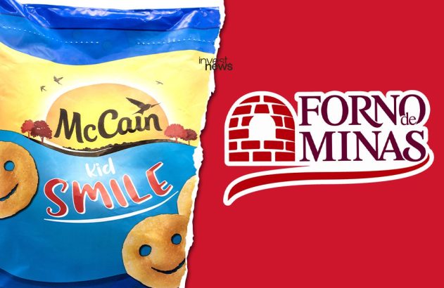 Pacote McCain Kid Smile (batata sorriso) e logo Forno de Minas em fundo vermelho.