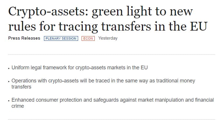 Manchete de notícia: UE dá luz verde para rastrear criptoativos e proteger consumidores.