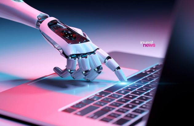 Mão robótica futurista branca pressiona tecla brilhante azul em notebook. Ambiente iluminado com tons de rosa e azul.