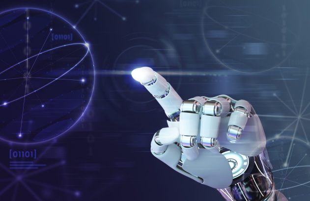 Mão robótica branca com dedo brilhante apontando em cenário digital azul, com rede de dados e códigos binários.