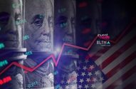 Notas de dólar americano enroladas, gráfico vermelho de alta, dados financeiros e bandeira dos EUA no fundo. Logotipo "investnews".