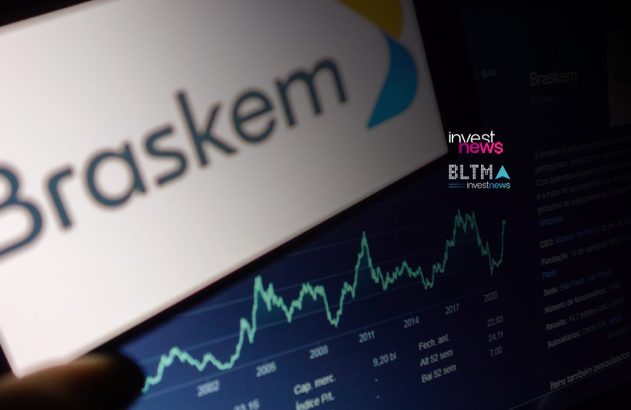 Tela digital com logo Braskem e gráfico de ações em monitor escuro.