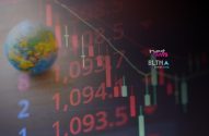 Globo e gráfico financeiro. Números em vermelho e velas de queda indicam declínio do mercado global. Logos Investnews e BLTMA.