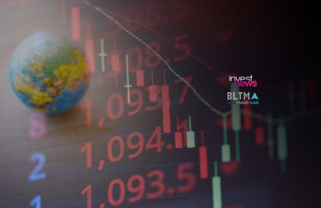 Globo e gráfico financeiro. Números em vermelho e velas de queda indicam declínio do mercado global. Logos Investnews e BLTMA.