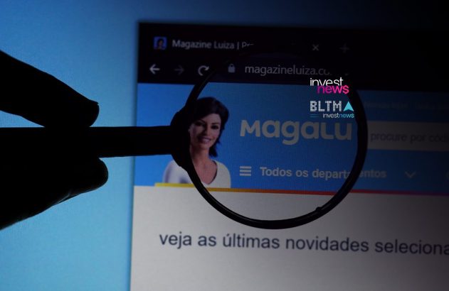 Lupa sobre tela de computador mostra site Magalu (Magazine Luiza) com logo e assistente virtual Lu.