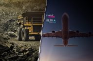 Imagem dividida: caminhão de mineração em pedreira (esquerda); avião decola (direita). Contrasta mineração e aviação.