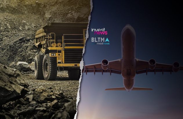 Imagem dividida: caminhão de mineração em pedreira (esquerda); avião decola (direita). Contrasta mineração e aviação.