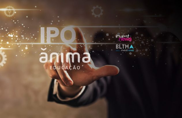 Mão interage com tela digital exibindo 'IPO Ânima EDUCAÇÃO' e logotipos de notícias financeiras.