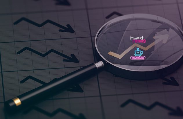 Lupa em foco, realçando gráfico de alta com ícones. Fundo com setas de flutuação e queda de mercado.